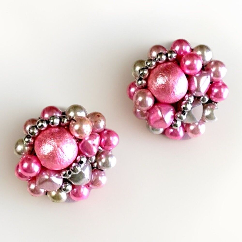 Vintage Mid-Century Cluster Clip Earrings Pink White Silver Beads Retro Glam